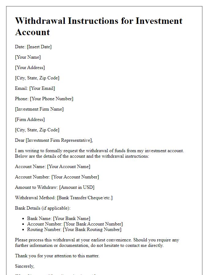 Letter template of Withdrawal Instructions for Investment Account