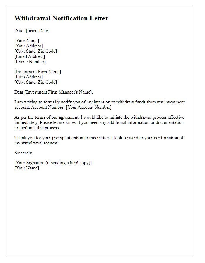 Letter template of Withdrawal Notification for Investment Account