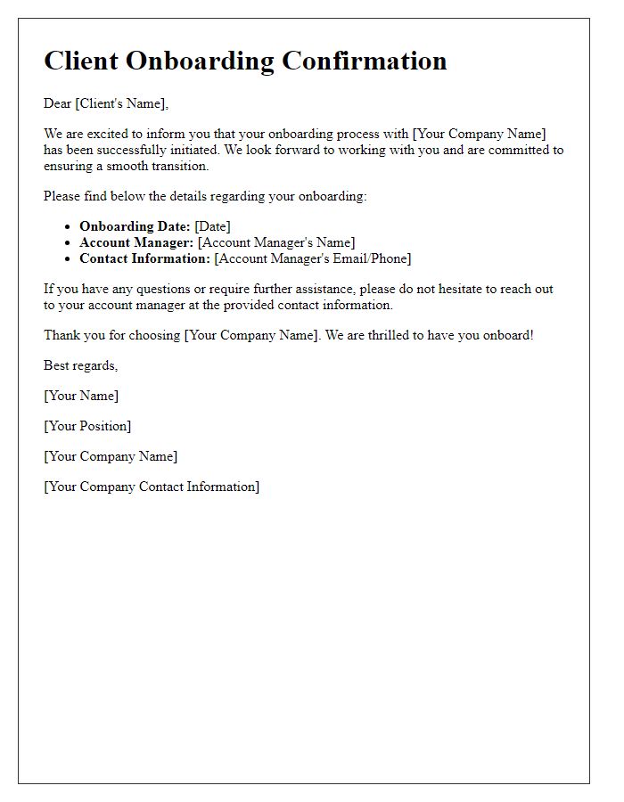 Letter template of client onboarding confirmation