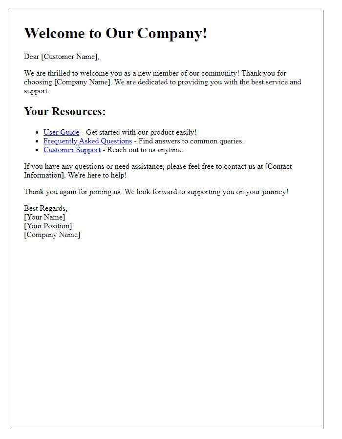 Letter template of new customer welcome and resources