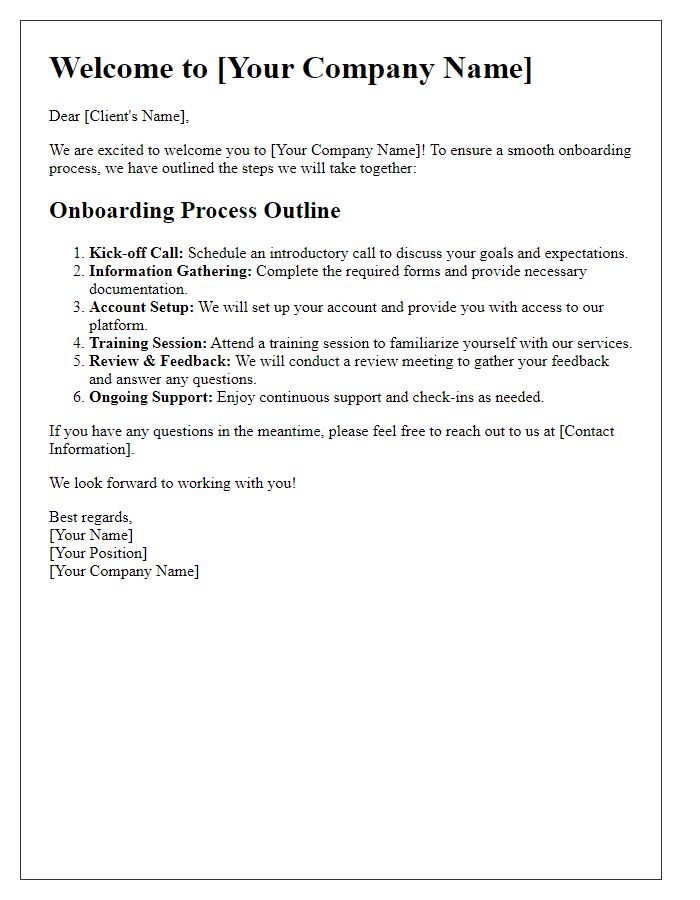 Letter template of onboarding process outline for new clients