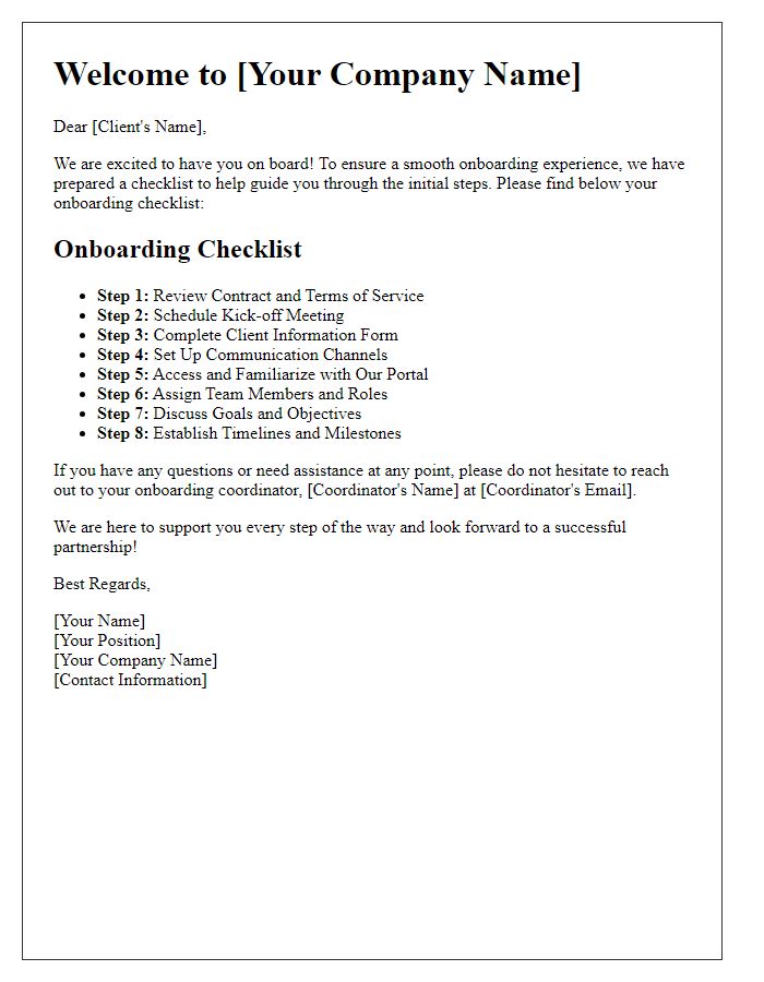 Letter template of supportive onboarding checklist for clients