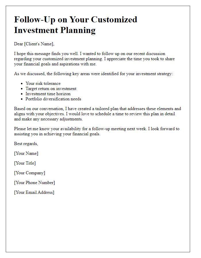 Letter template of Customized Investment Planning Follow-Up