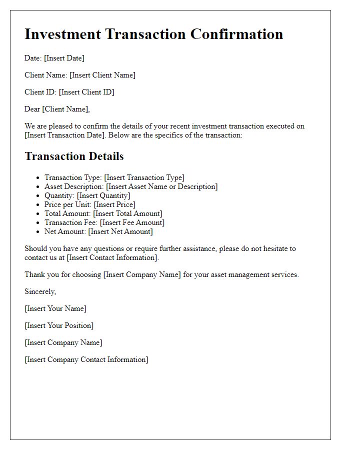 Letter template of investment transaction confirmation for asset management services