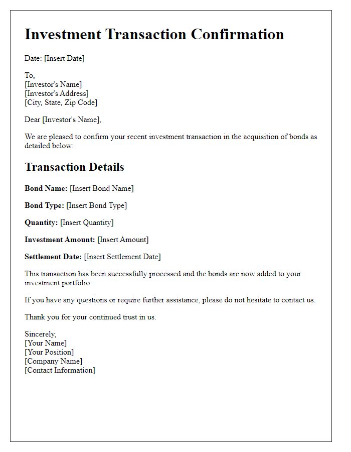 Letter template of investment transaction confirmation for bond acquisition