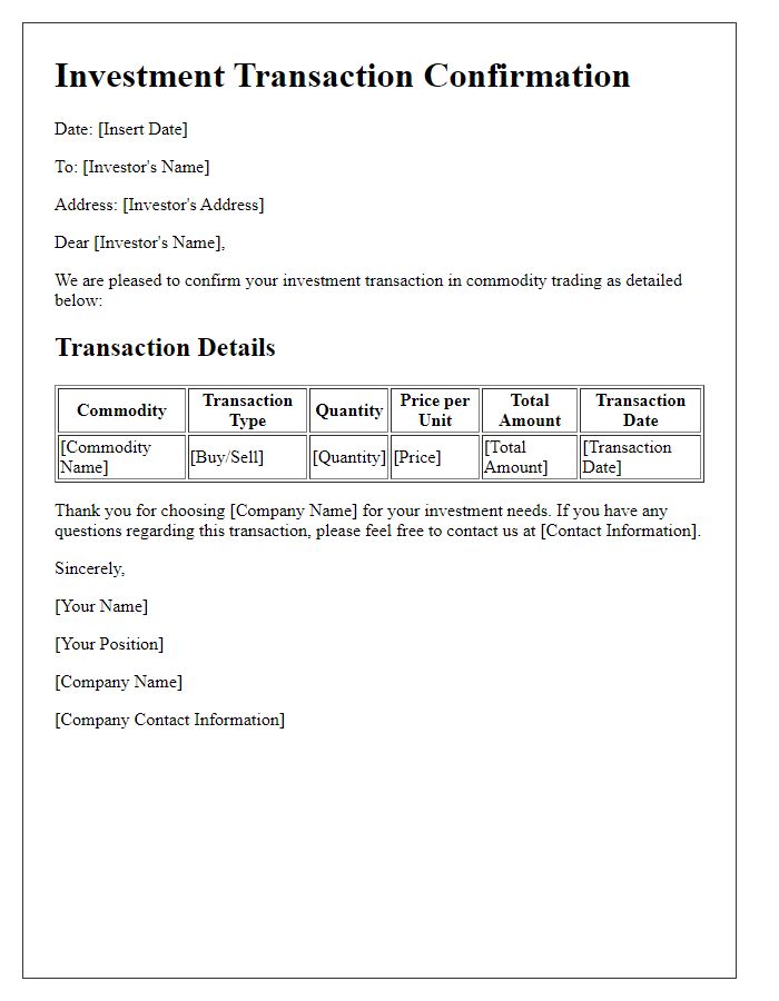 Letter template of investment transaction confirmation for commodity trading