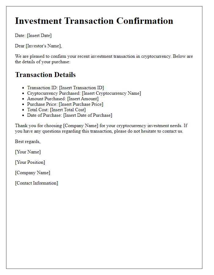 Letter template of investment transaction confirmation for cryptocurrency purchase