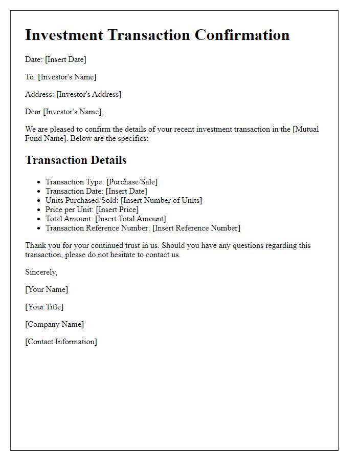 Letter template of investment transaction confirmation for mutual fund