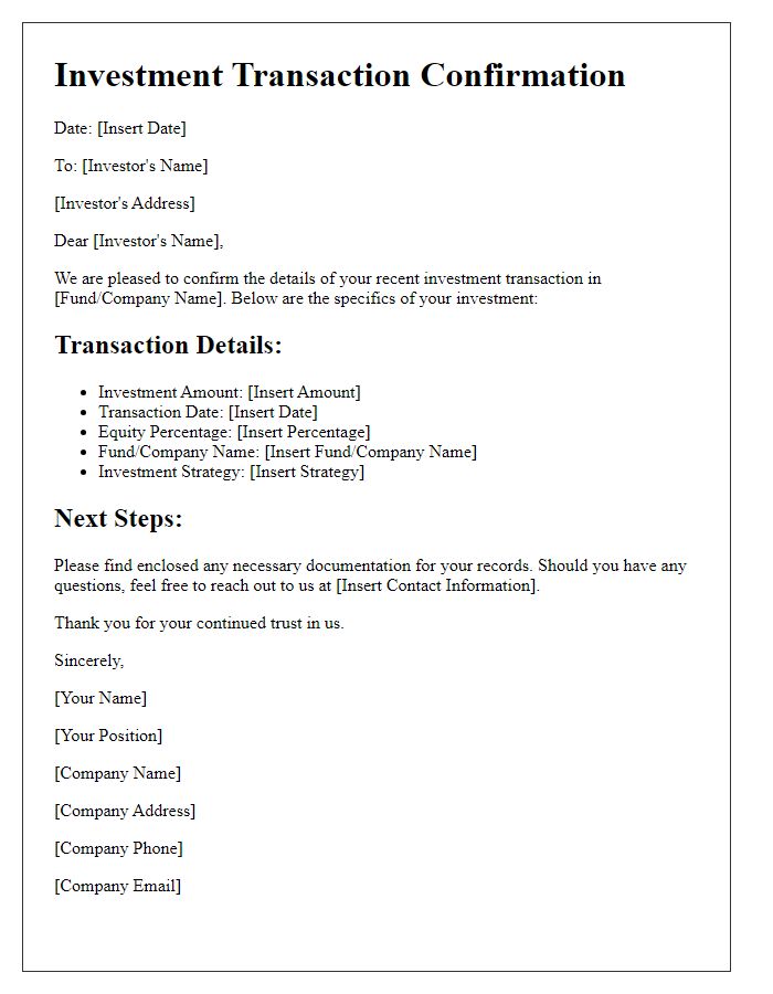 Letter template of investment transaction confirmation for private equity investment