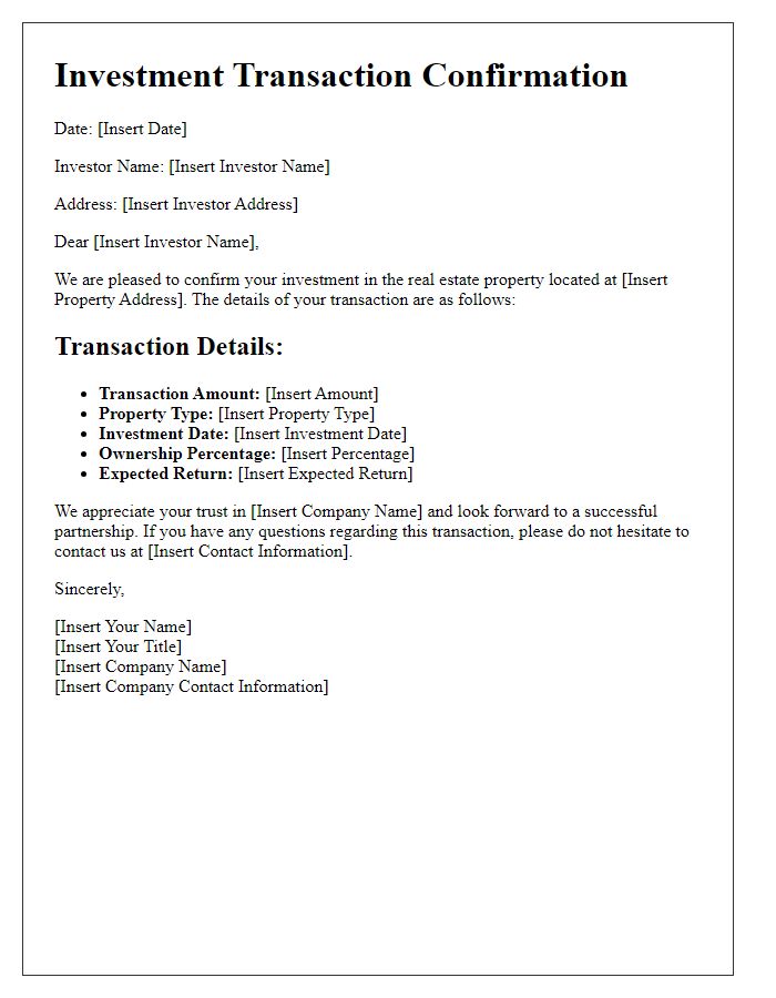 Letter template of investment transaction confirmation for real estate investment