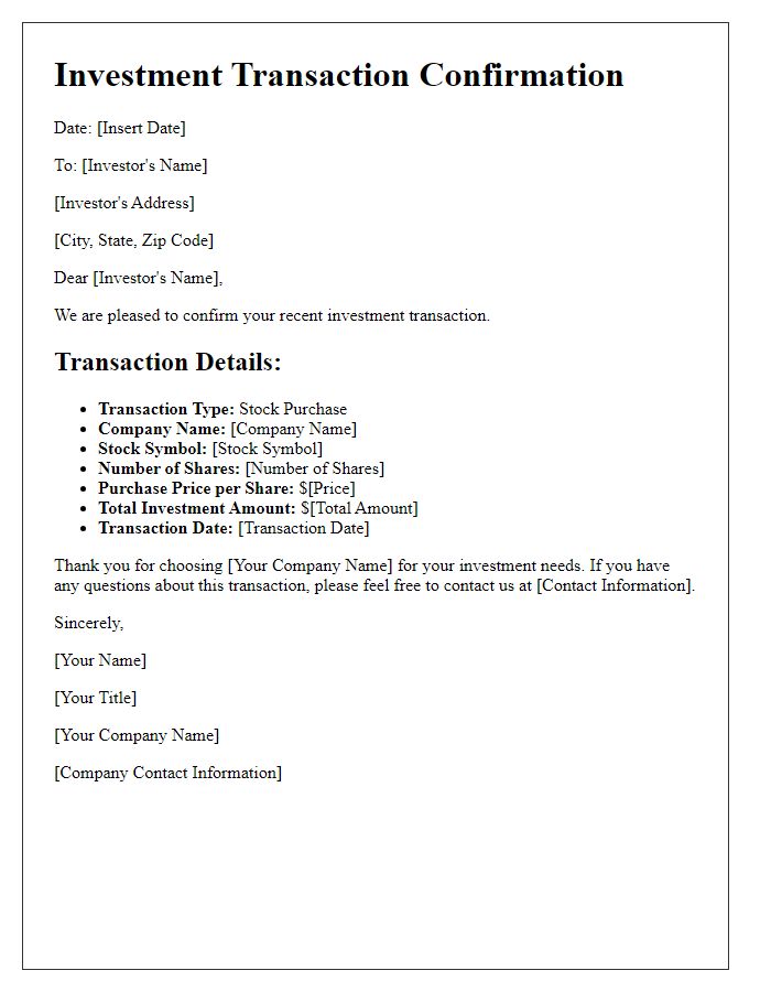 Letter template of investment transaction confirmation for stock purchase