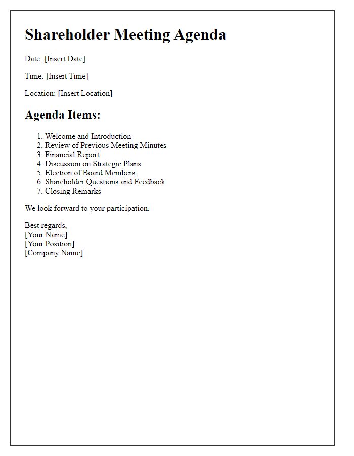 Letter template of agenda details for upcoming shareholder meeting