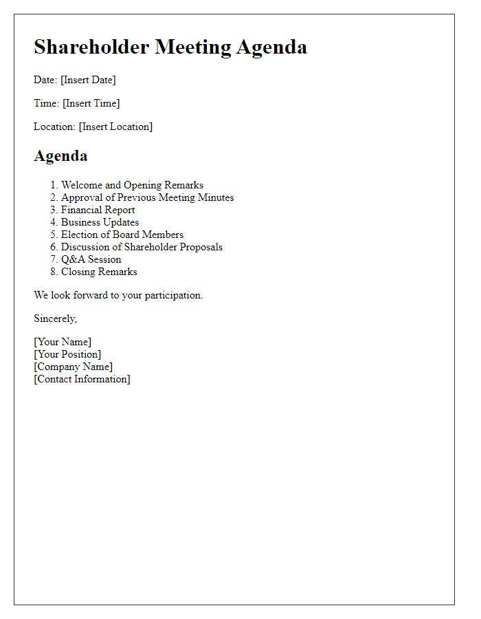 Letter template of formal agenda distribution for shareholder meeting