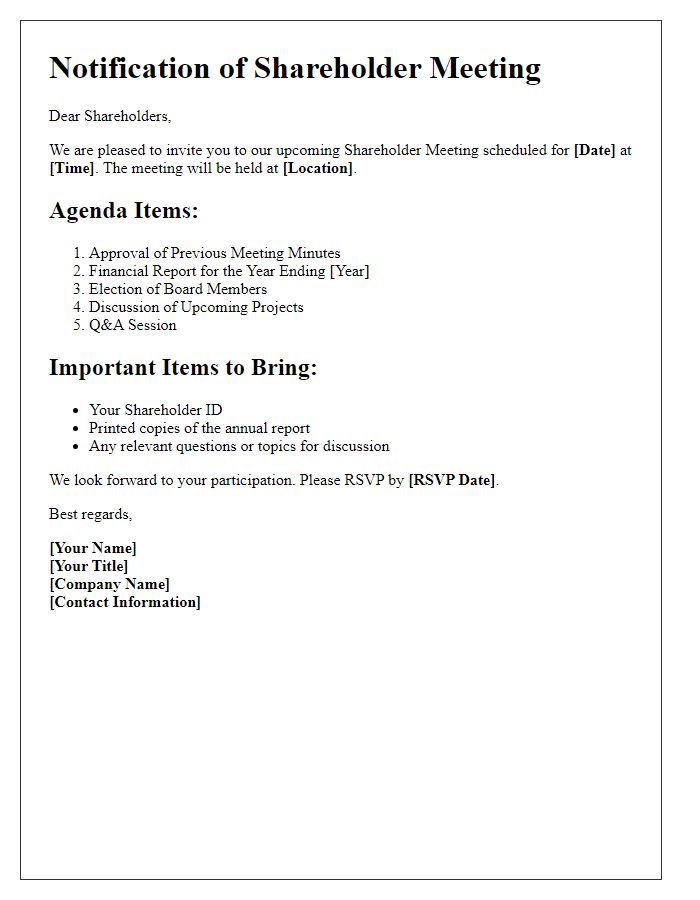 Letter template of important items for shareholder meeting