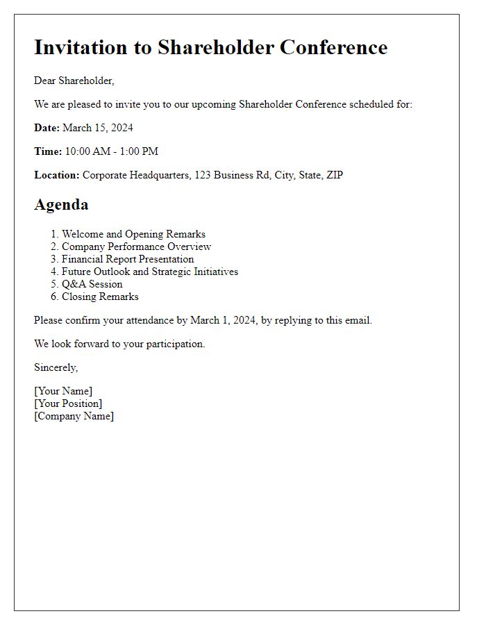 Letter template of invitation and agenda for shareholder conference