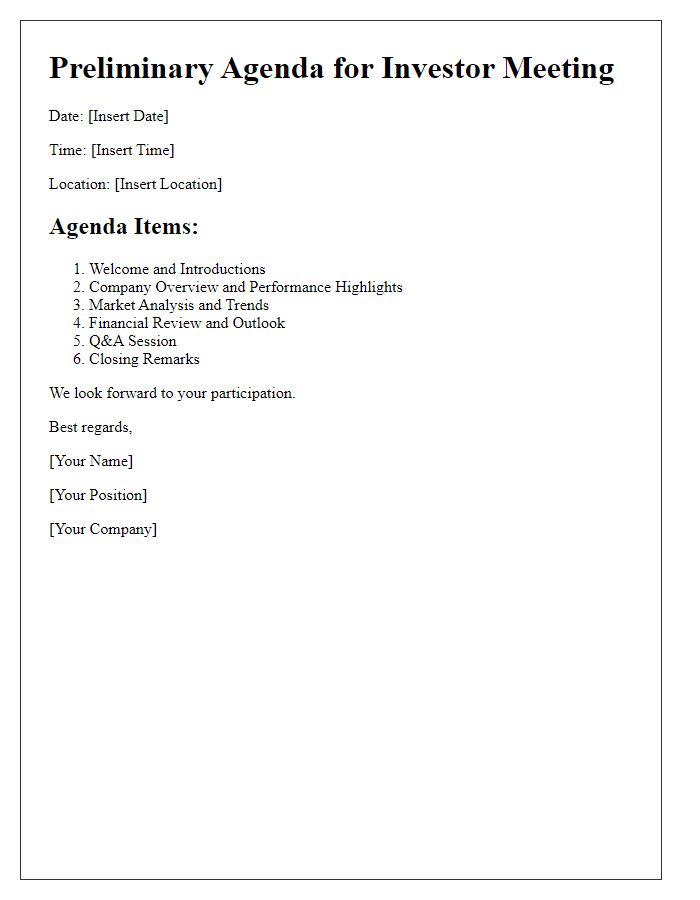 Letter template of preliminary agenda for investor meeting