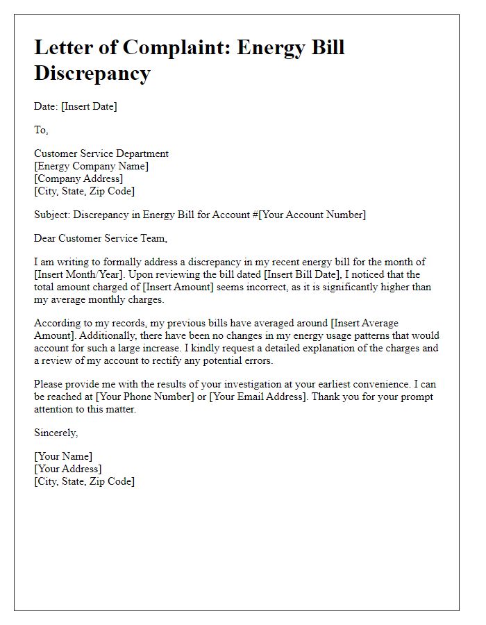 Letter template of energy bill discrepancy complaint