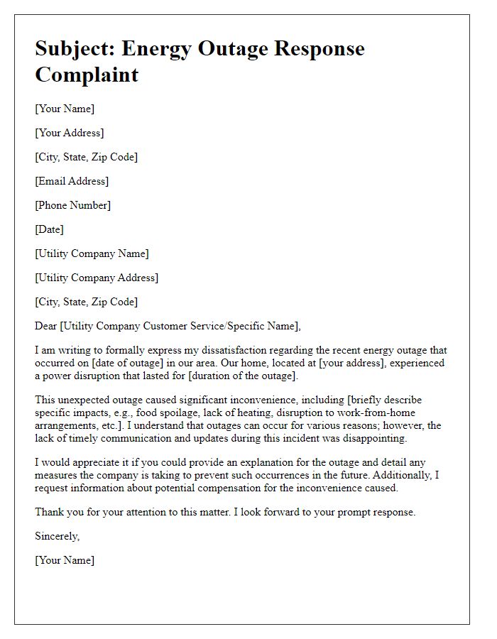 Letter template of energy outage response complaint