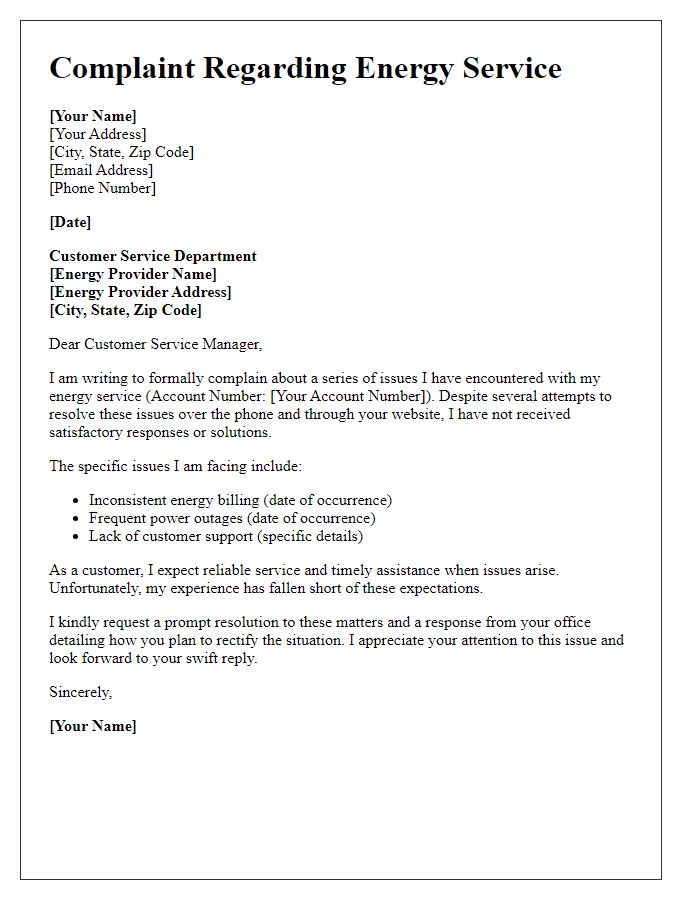 Letter template of energy provider service complaint