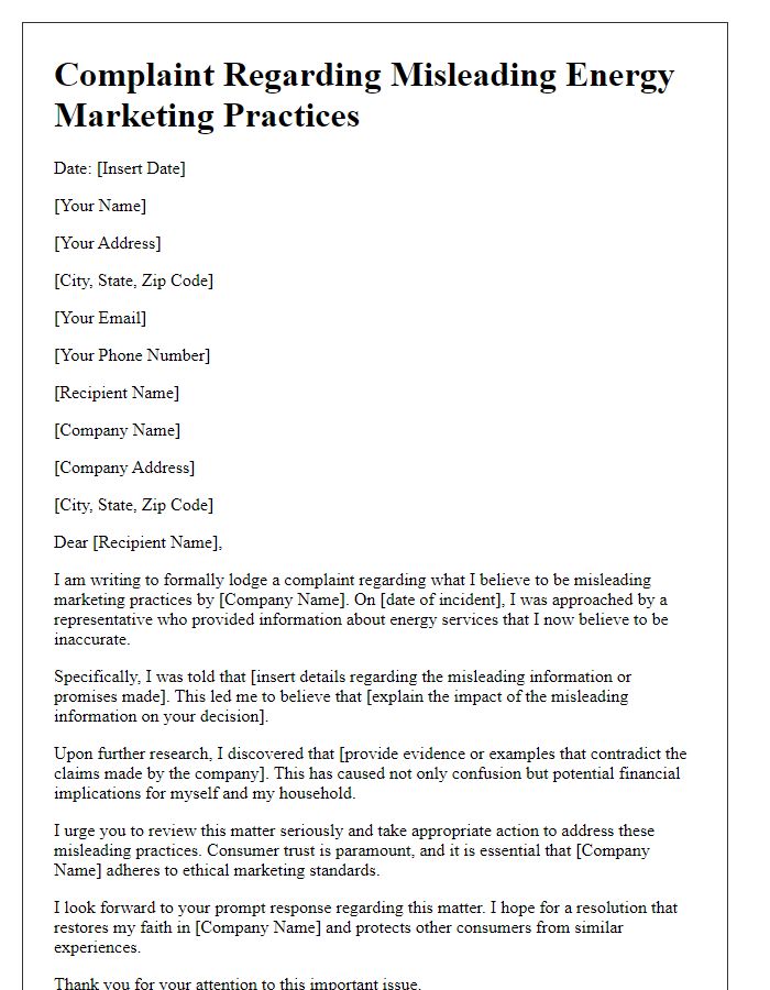 Letter template of misleading energy marketing practices complaint