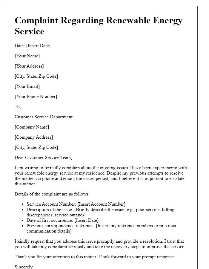 Letter template of renewable energy service complaint