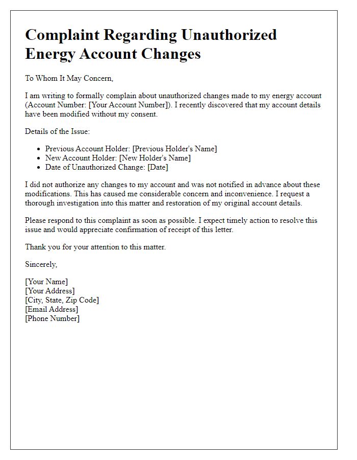 Letter template of unauthorized energy account changes complaint