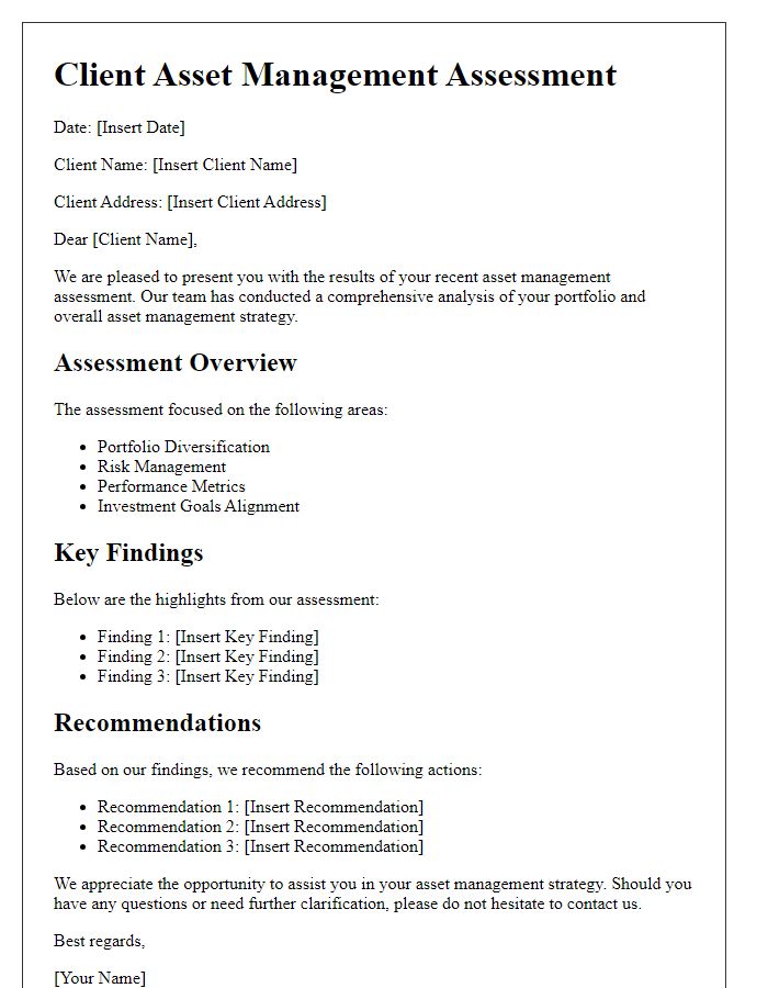 Letter template of client asset management assessment