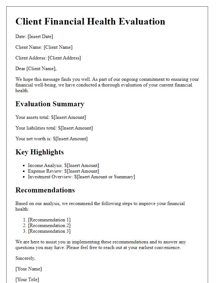 Letter template of client financial health evaluation