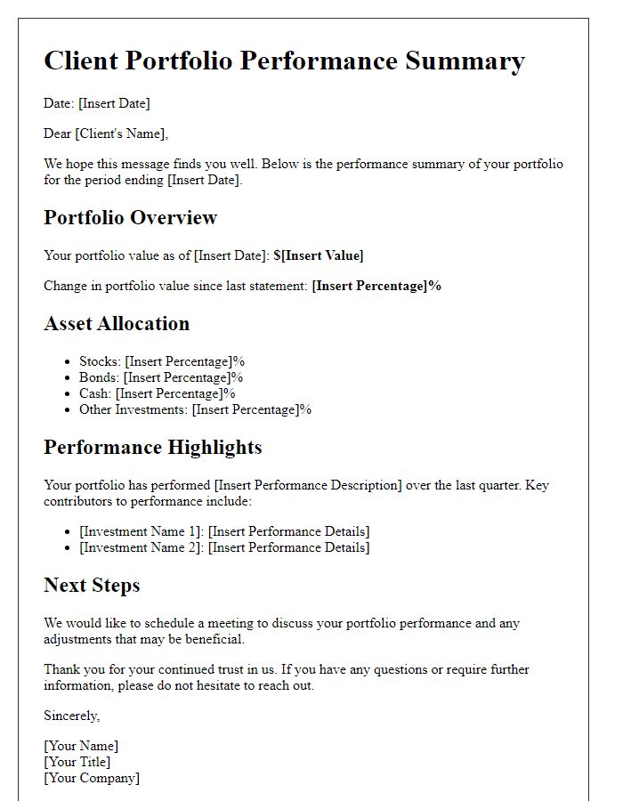 Letter template of client portfolio performance summary