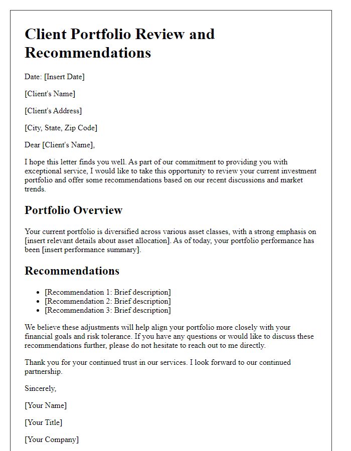 Letter template of client portfolio review and recommendations