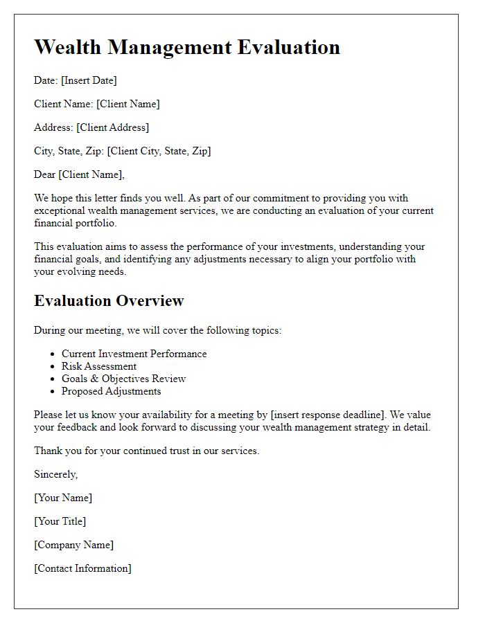 Letter template of client wealth management evaluation