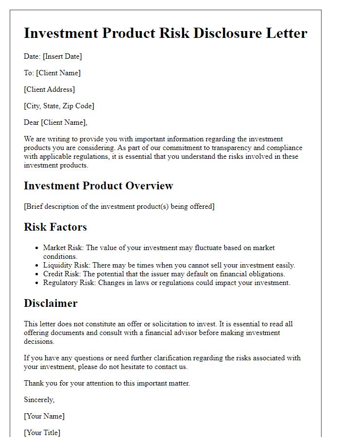 Letter template of investment product risk disclosure for compliant documentation.