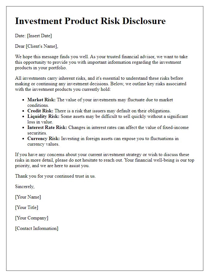 Letter template of investment product risk disclosure for existing clients.