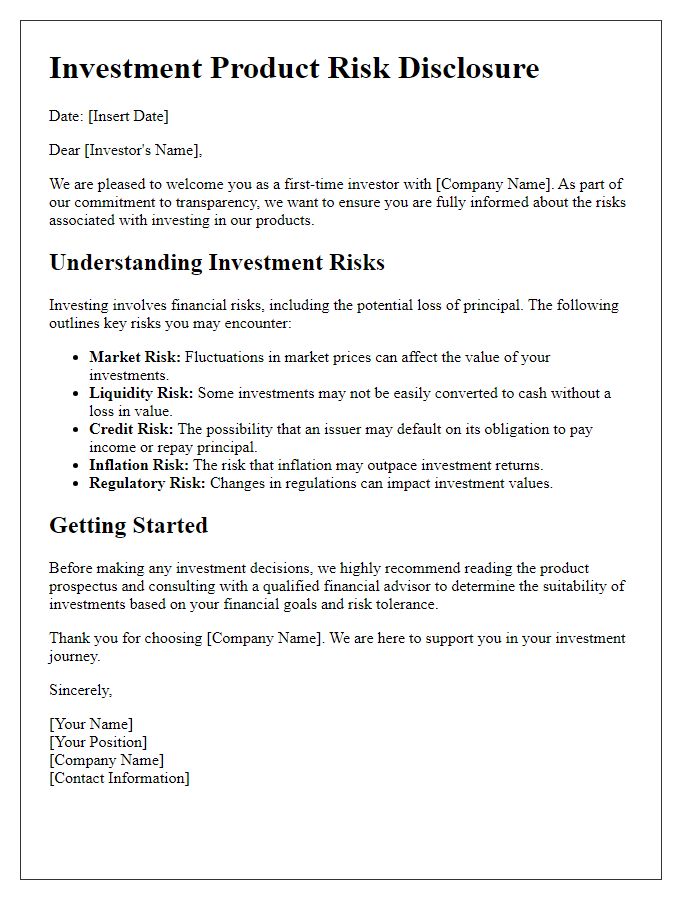 Letter template of investment product risk disclosure for first-time investors.