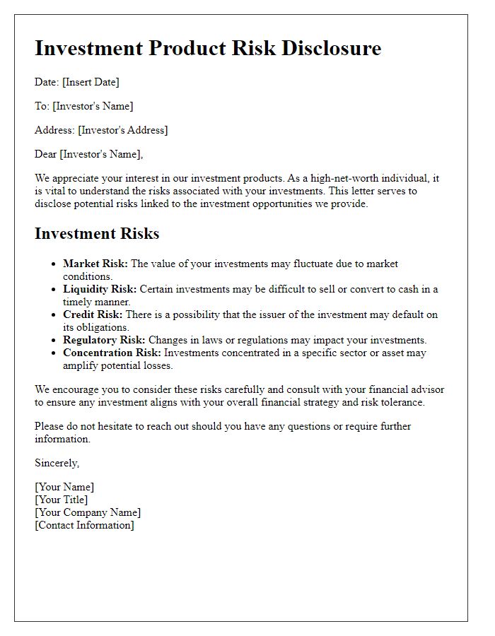 Letter template of investment product risk disclosure for high-net-worth individuals.