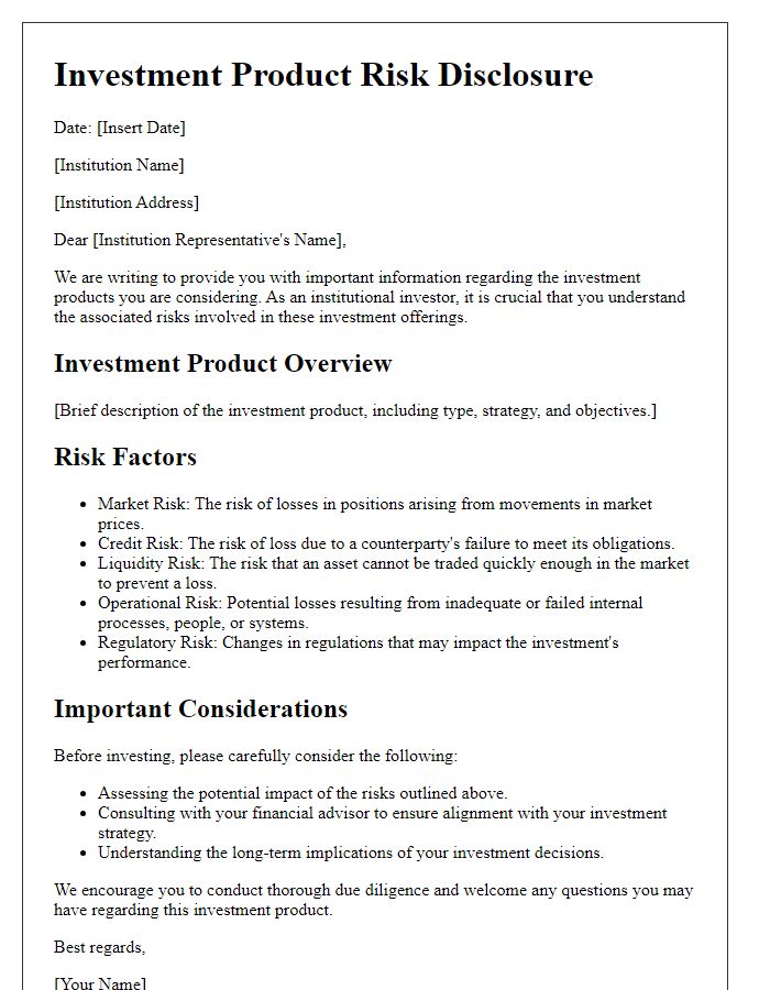 Letter template of investment product risk disclosure for institutional investors.