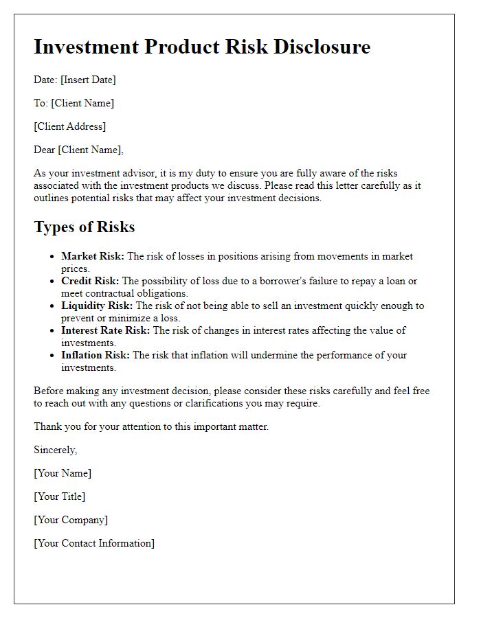 Letter template of investment product risk disclosure for investment advisors.