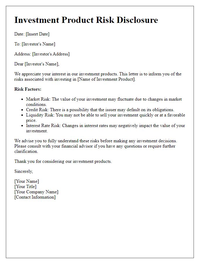 Letter template of investment product risk disclosure for potential investors.