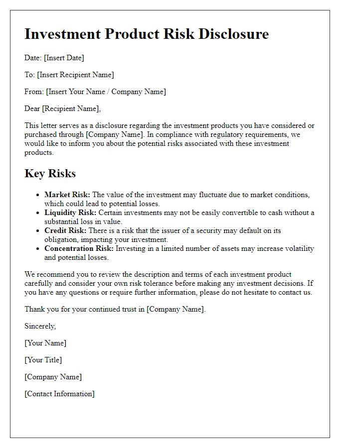 Letter template of investment product risk disclosure for regulatory reporting.