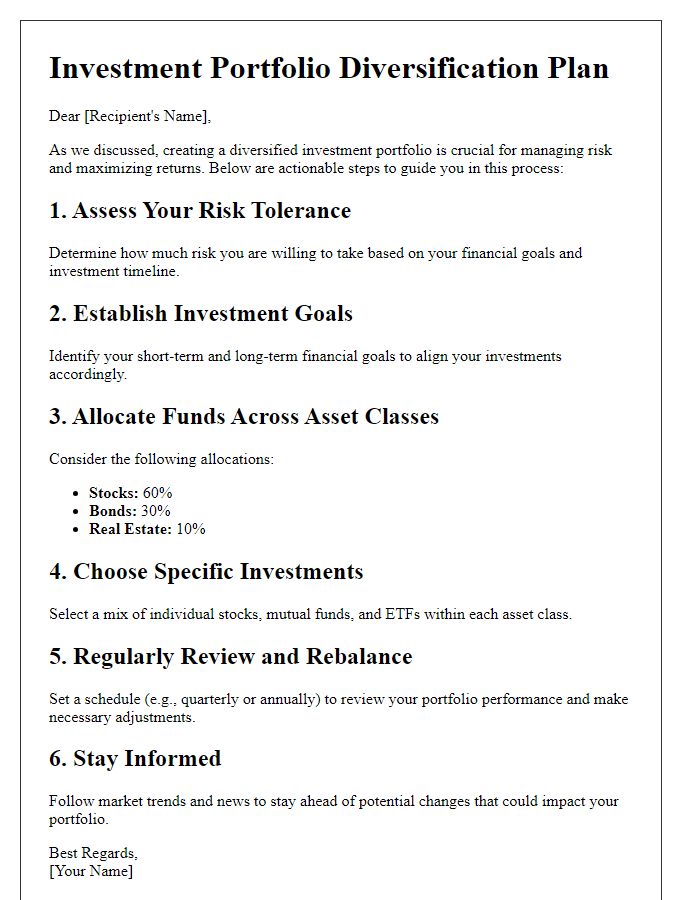 Letter template of actionable steps for diversified investment portfolios.