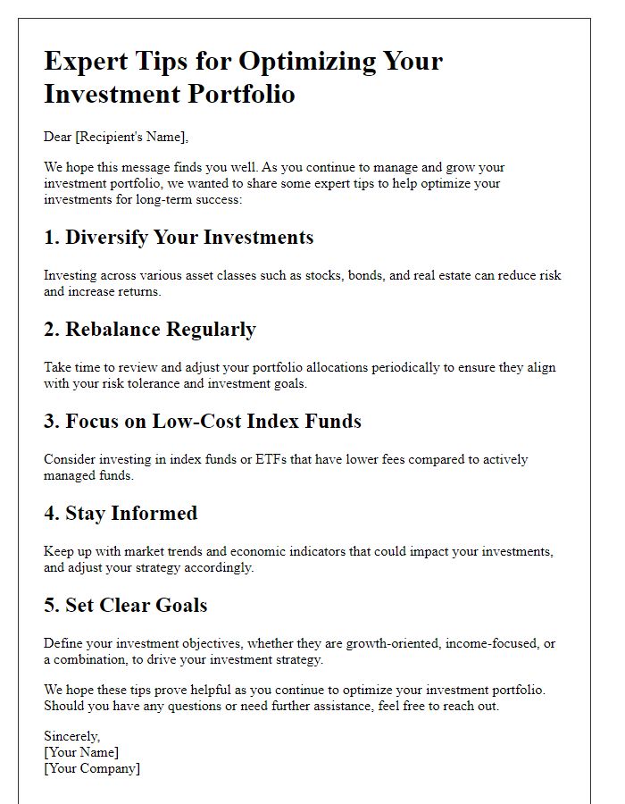 Letter template of expert tips for optimizing your investment portfolio.