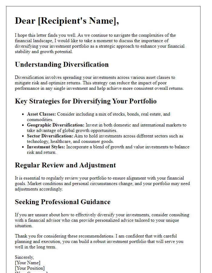 Letter template of guidance on diversifying your investment portfolio.