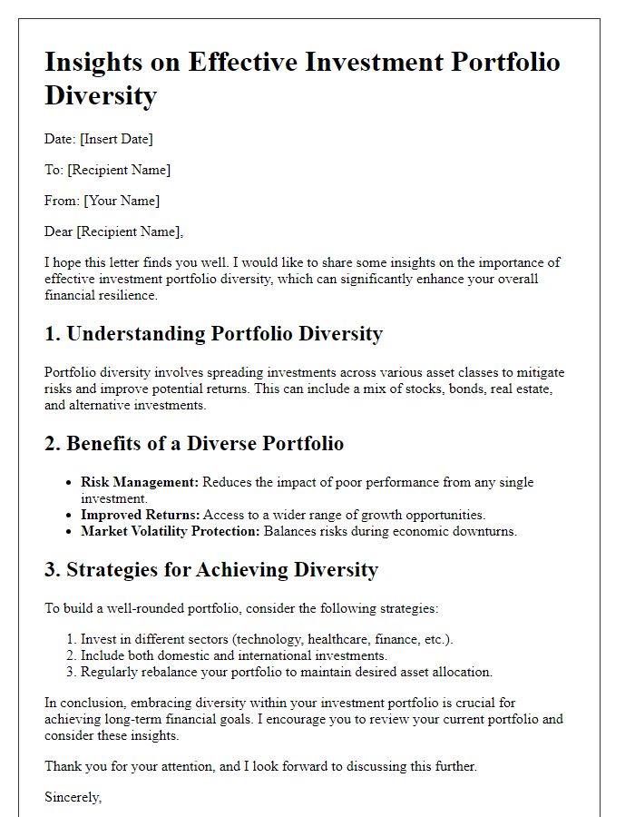 Letter template of insights on effective investment portfolio diversity.