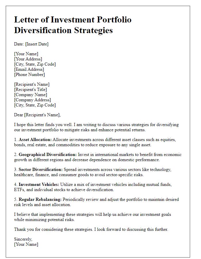 Letter template of investment portfolio diversification strategies.