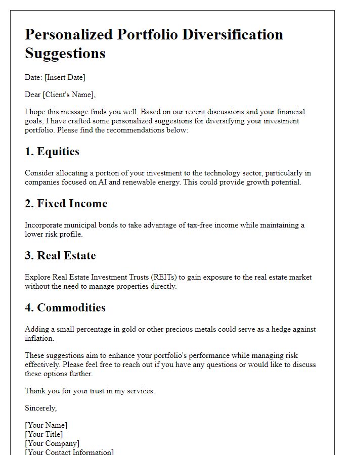 Letter template of personalized portfolio diversification suggestions.