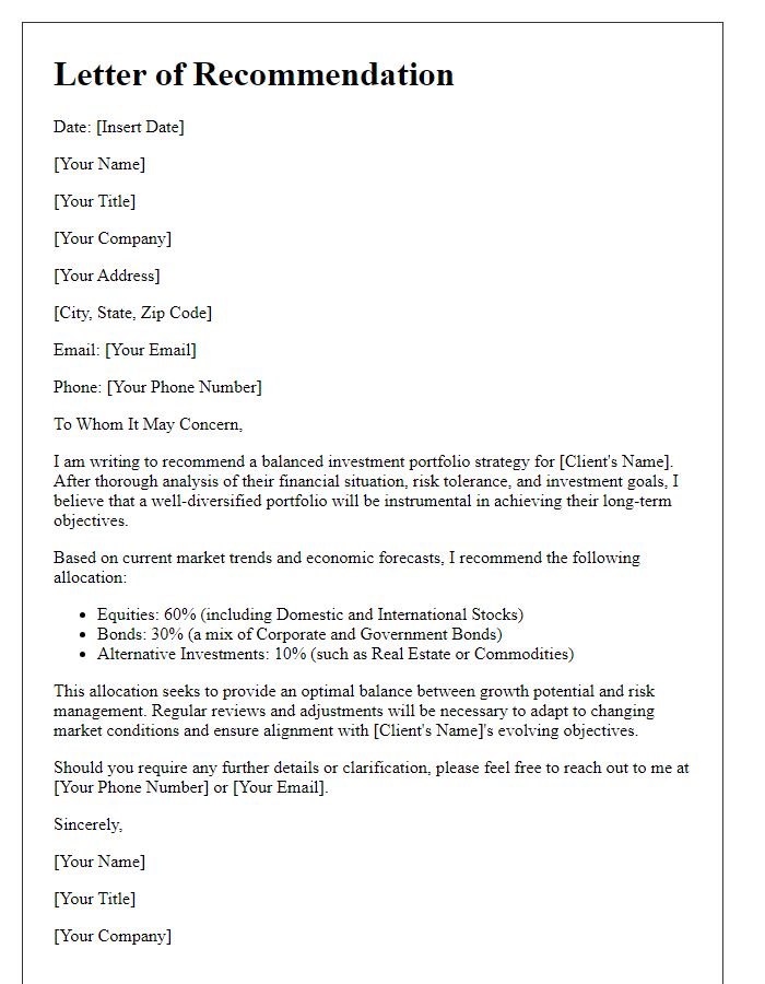 Letter template of recommendations for a balanced investment portfolio.