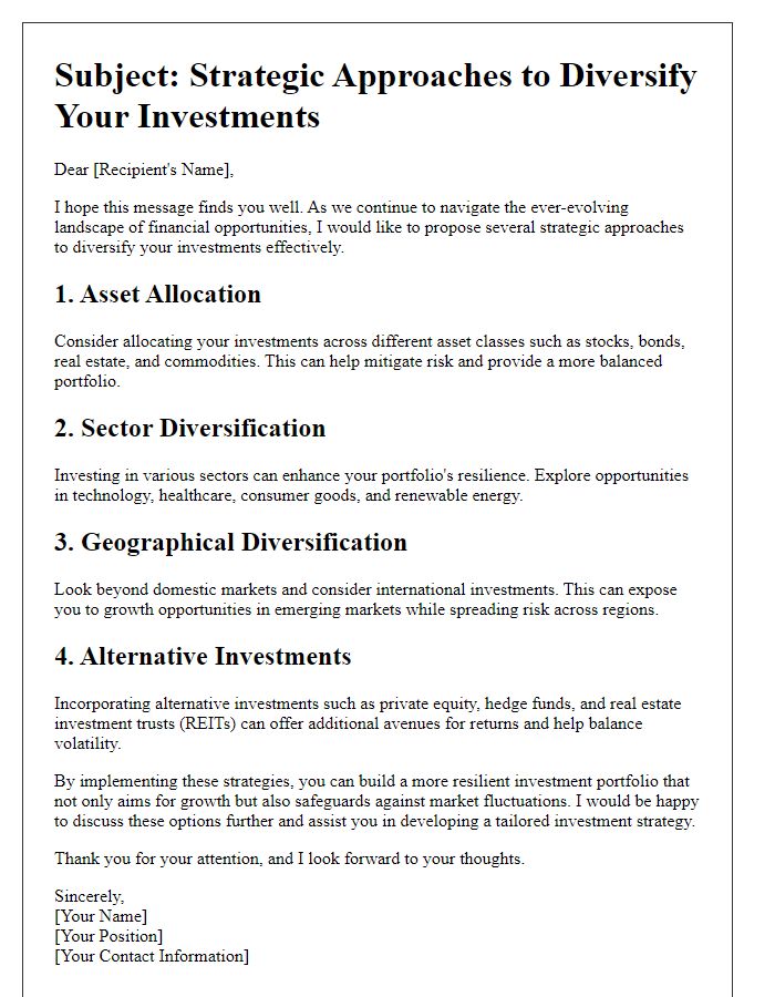 Letter template of strategic approaches to diversify your investments.