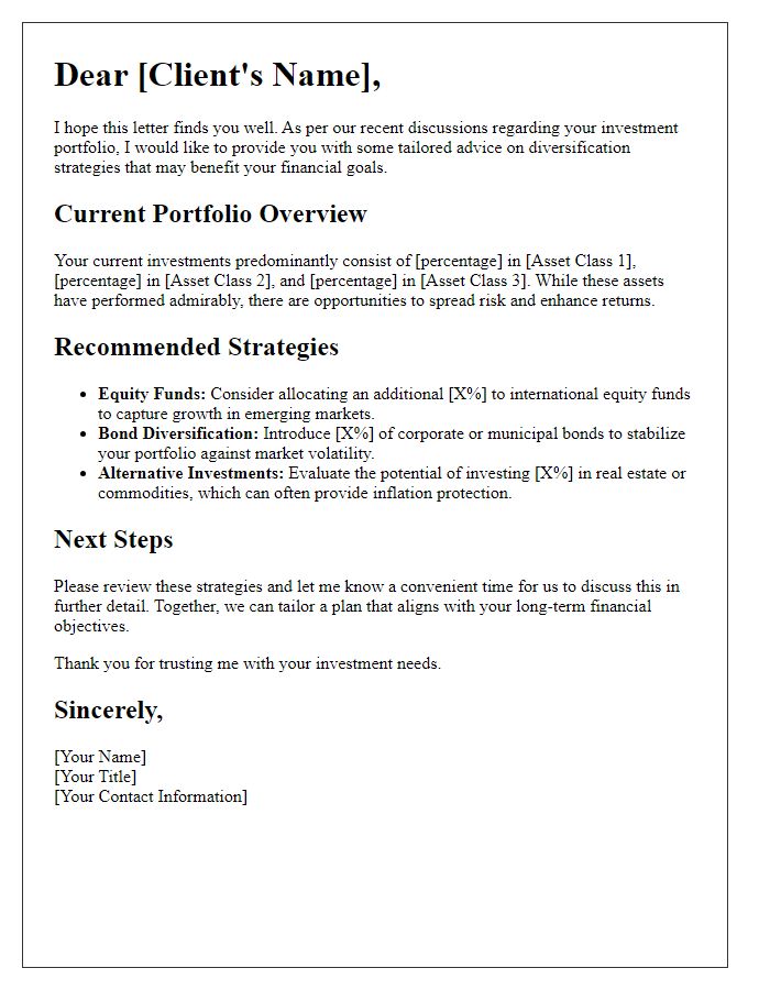 Letter template of tailored advice for portfolio diversification.