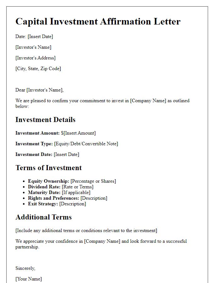 Letter template of capital investment affirmation and terms.