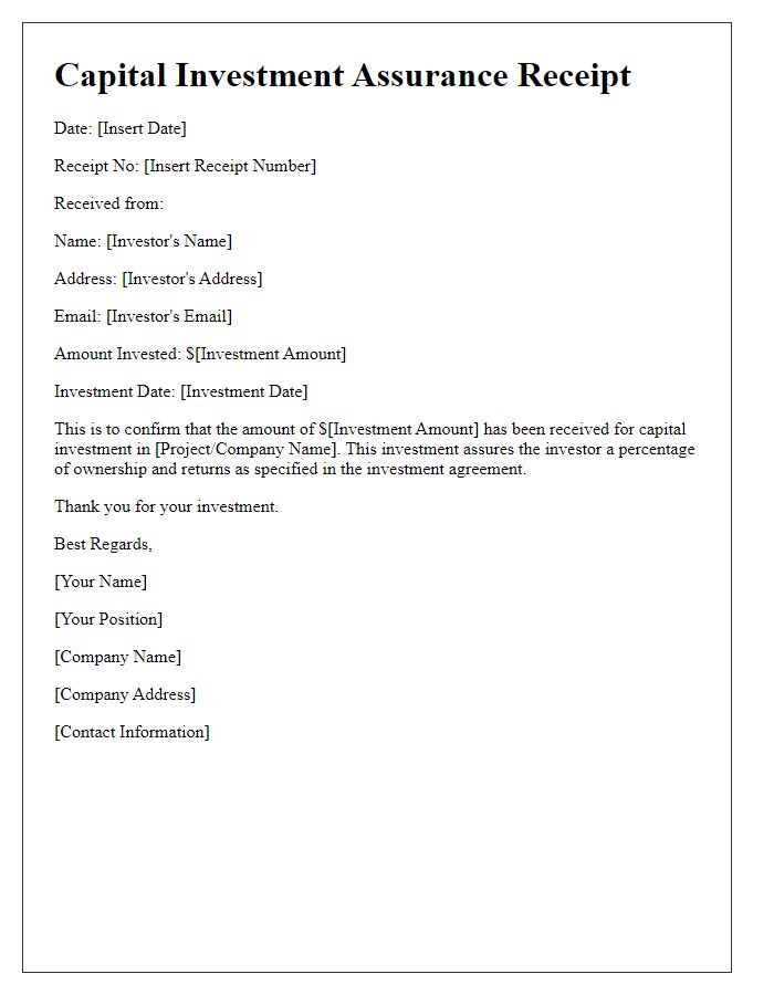 Letter template of capital investment assurance receipt.